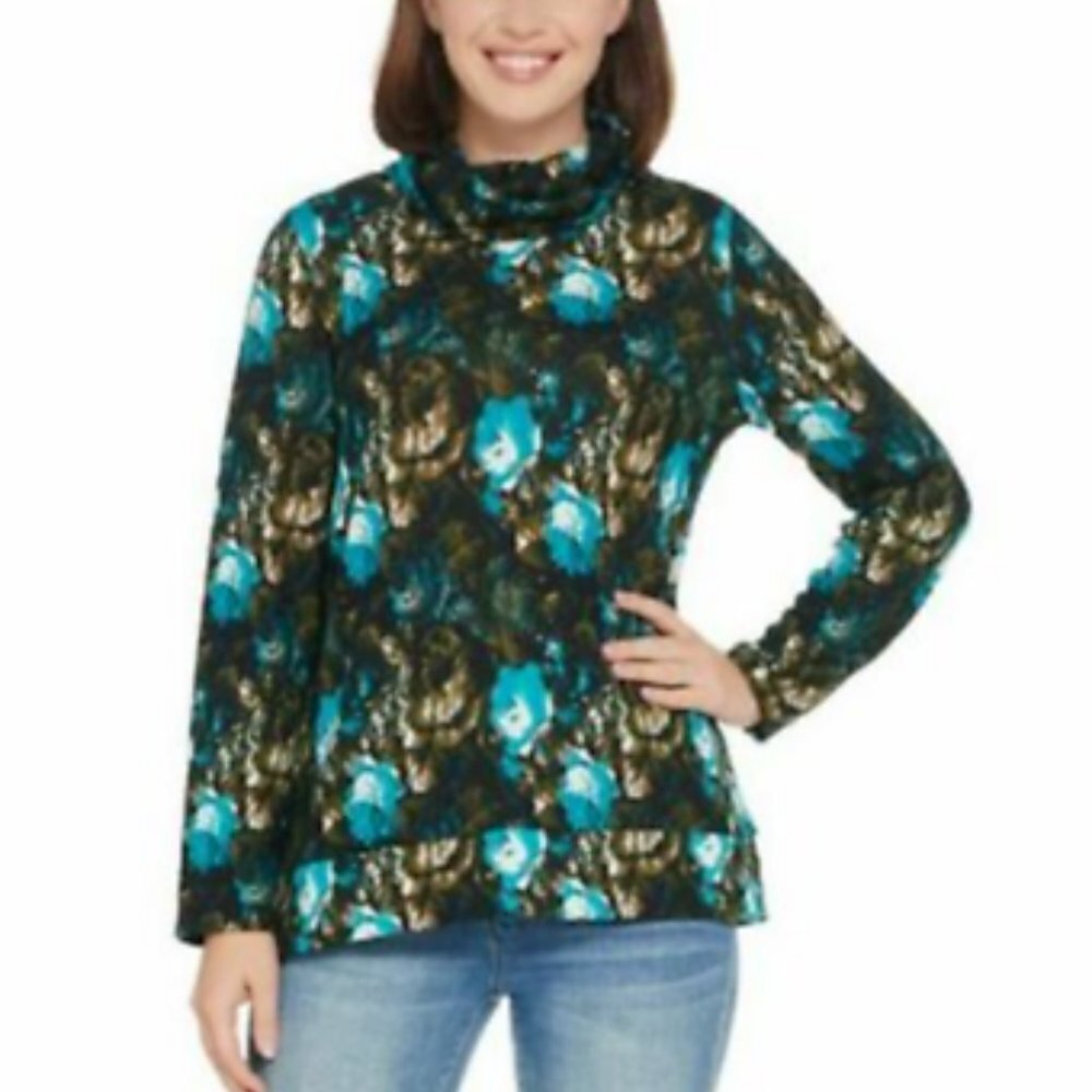 New Susan Graver Weekend Printed Knit Cowl Neck Tunic Top Size 3X